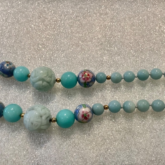 Vintage Blue Beaded Necklace With Carved and Cloisonné Style Gemstone Beads - Picture 6 of 9